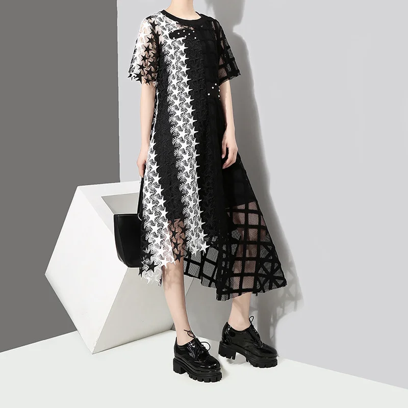 

Платье женское асимметричное Сетчатое с коротким рукавом, Элегантный Модный повседневный ажурный сарафан со звездами, большие размеры, на ...