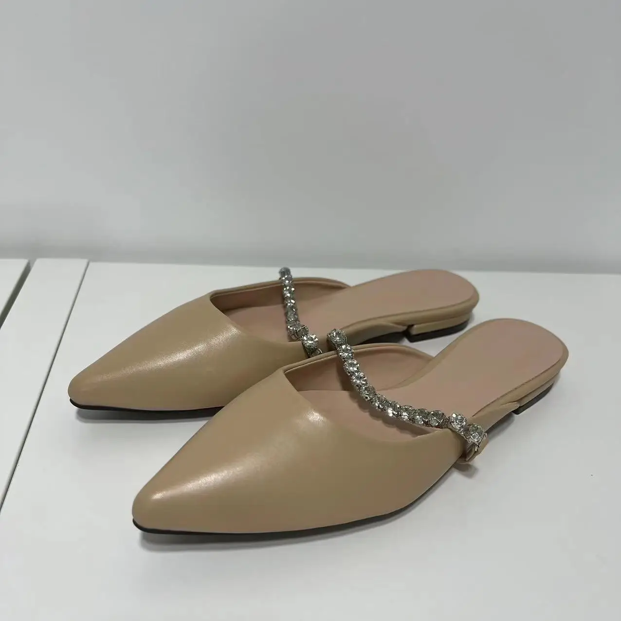 Bling Flats Mules Shoes Women Pionted Toe Shining Chain Flip Flops Summer Sandals Outdoor Office Ladies Shoes Handmade