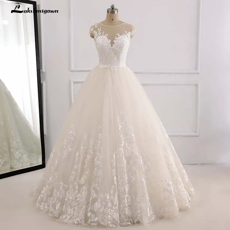 

Lakshmigown Princess Ivory Wedding Dresses Short Sleeve Lace Appliqued Ball Gown vestidos de noivas Lace Up Open-Back Bridal Dr