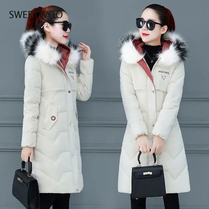 2020 New Winter Jacket Women Long Parka Warm Fur Collar Hooded Overcoat Female Thick Parkas Cotton Padded Jacket Outwear Tide