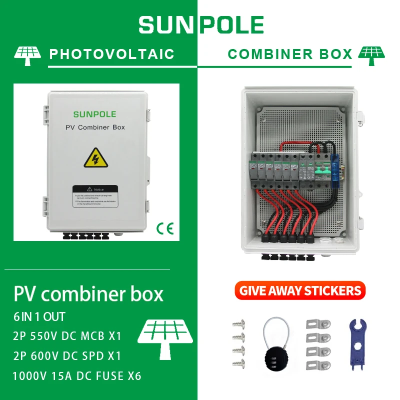 

6 in 1 Out 550V Photovoltaic Lightning Protection PV DC Combiner Box Waterproof Plastic Distribution Complete Set