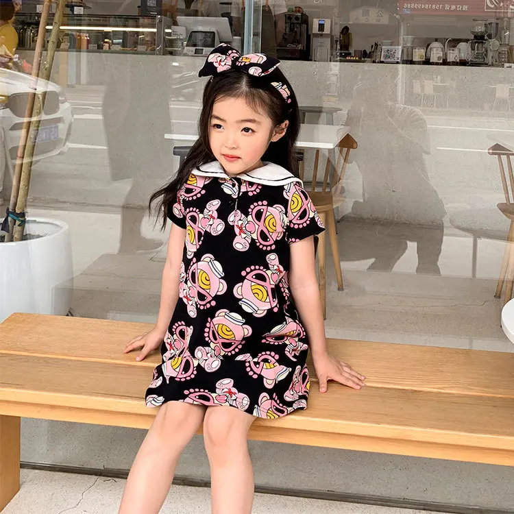 

Children's Dress 2022 Summer Fashion Small Navy Cartoon Children's T-Shirt Skirt Girl's Fine Cotton Cute Doll Print A-Line Skirt