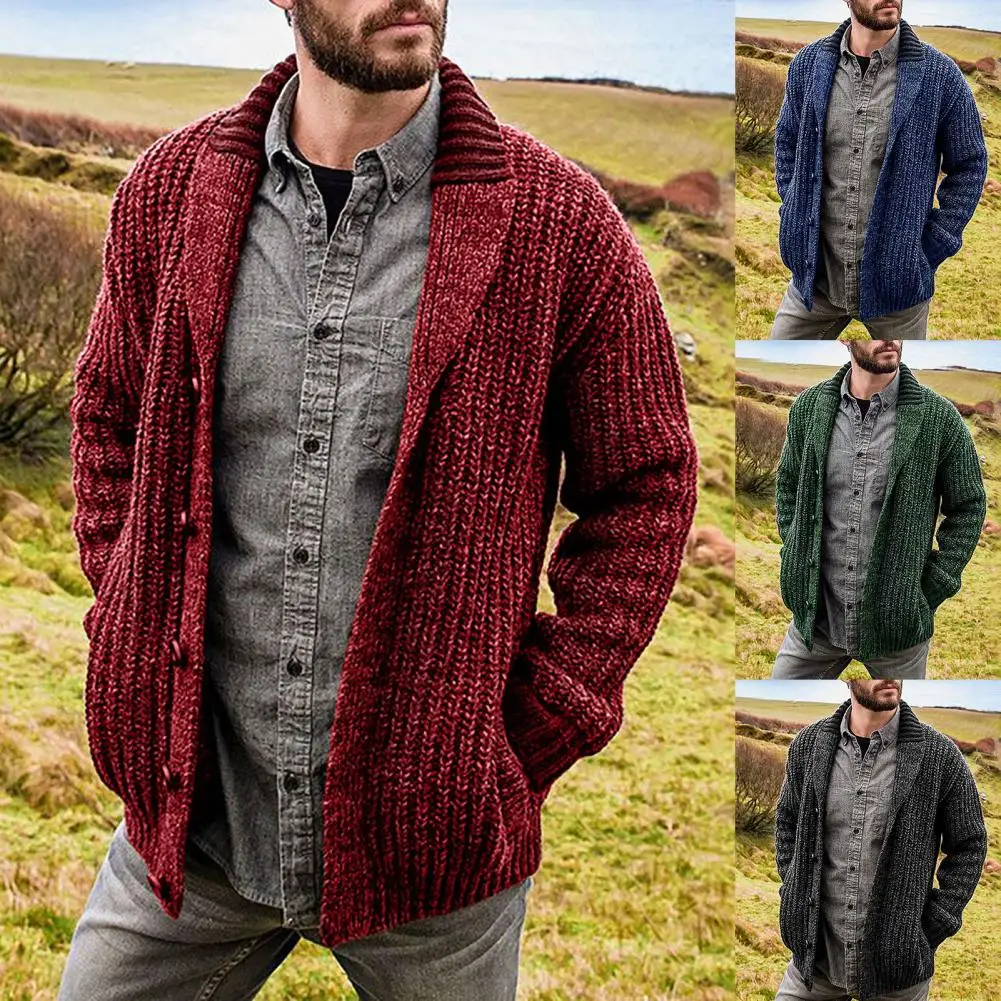 Men Solid Color Long Sleeve Sweater Lapel Warm Knitwear Knitted Knitted Cardigan Coat Cardigan Cardigans Fluffy Top