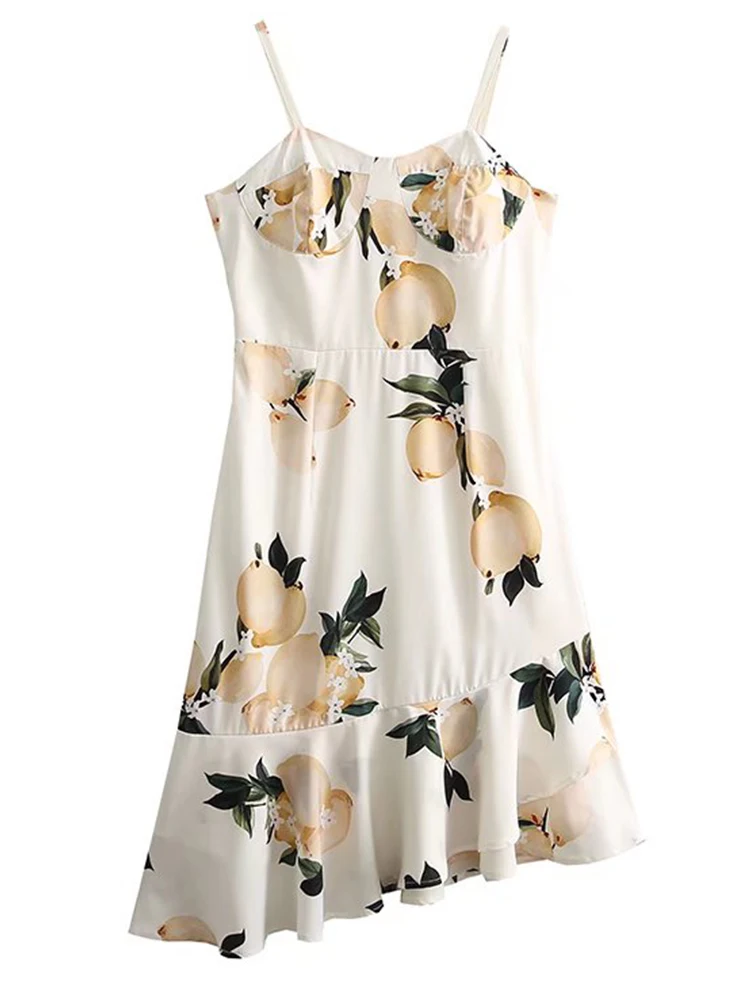 

YENKYE 2022 Fashion Women Sexy Spaghetti Strap Summer Dress Fruit Print Asymmetrical Ruffle Chiffon Dresses Female Vestido