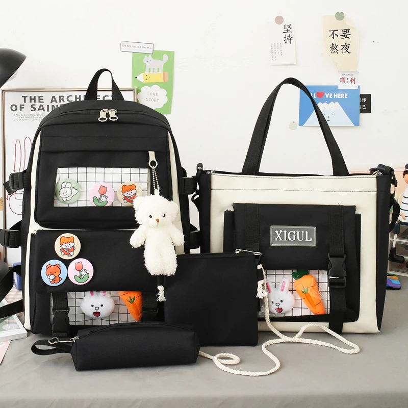 

Backpack 4 Piece Set High School Backpack Bags for Teenage Girl 2021 Canvas Fashion Travel Women Bookbags Teen Student Schoolbag