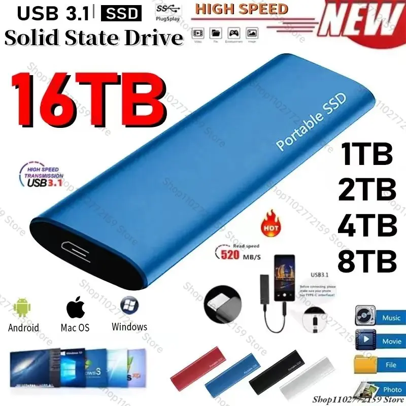 

External Hard Drive 16TB Portable SSD Mobile Device Type-C interface 64TB 8TB 4TB Solid State Disk for Desktop/Laptop/Smartphone