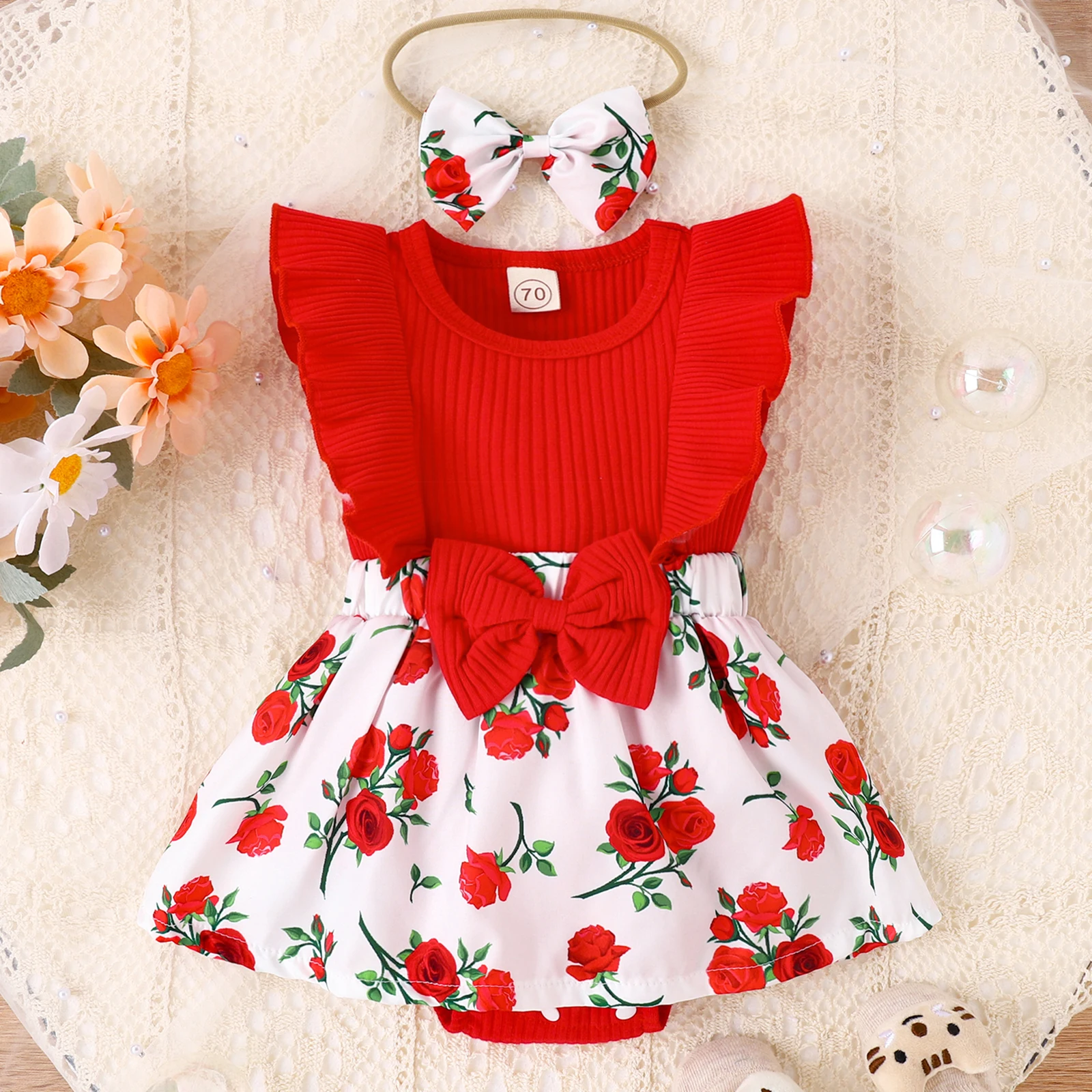 

0-18M Toddler Baby Girls Romper Dress Fly Sleeve Crew Neck Floral Print Romper with Bowknot Headband 2023 New Baby Clothes Set