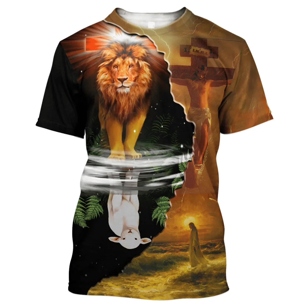 

Animal Lion Men's 3D Print T-shirts Christian Catholic Jesus Summer Loose Short Sleeve Harajuku Hip Hop Tops Tees Drop Shippin