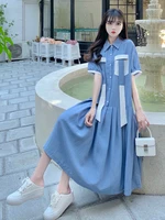 korean style women blue shirtdress ribbon design turn down collar short sleeve calf length loose fitting pleated dresses summer