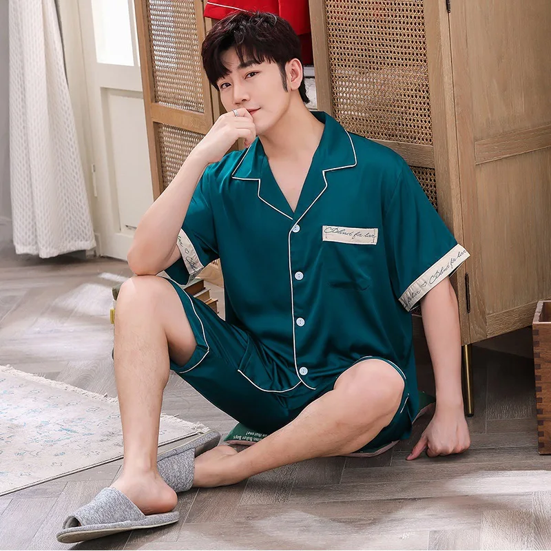 New ice silk couple pajamas Men's spring and summer simulation silk thin pajamas ladies sweet leopard print homewear suit