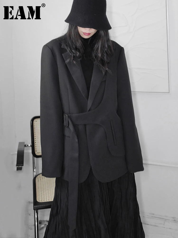 

[EAM] Women Black Big Size Sashes Irregular Blazer New Lapel Long Sleeve Loose Fit Jacket Fashion Spring Autumn 2022 1DD7352