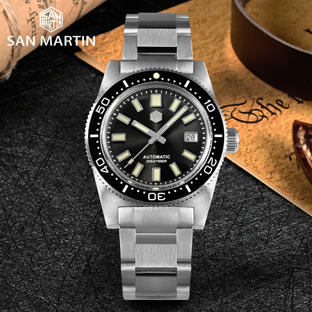 Цена Новые мужские часы San Martin 62mas 37 мм Diver, классические Роскошные сапфировые автоматические механические часы PT5000 SW200, светящиеся часы с датой 20 ...