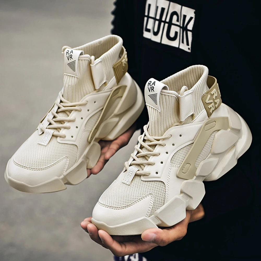 

Thick-soled High-top Beige Sneakers Men's Fashion Increased Running Shoes Breathable Casual Shoes Large Size Men's Shoes
