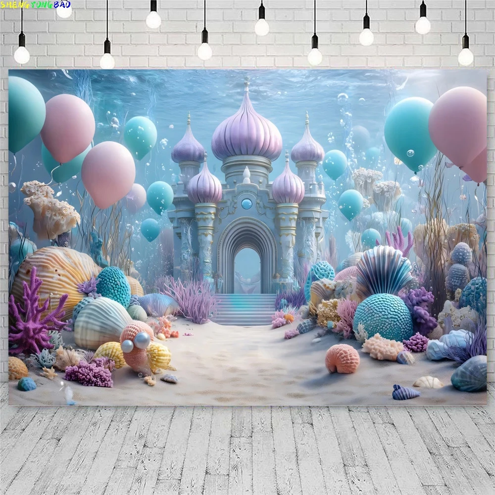 Фото Фон для фотосъемки с русалкой, подводный мир, тема, декор для дня рождения, торт, детский душ, фон, реквизит для фотостудии №3