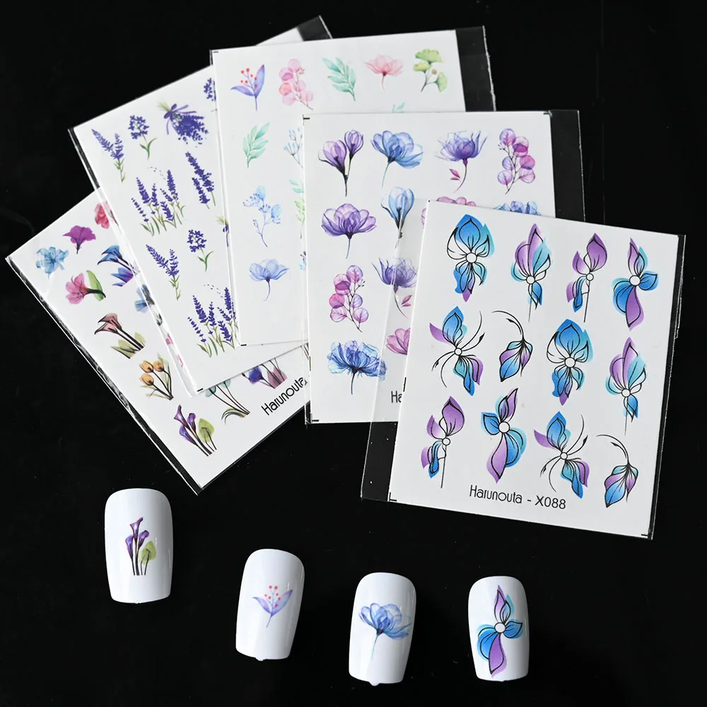 

Harunouta 1 Sheet Nail Water Decals Transfer Lavender Spring Flower Leaves Nail Art Stickers 3D Lines Manicure DIY Accessories #