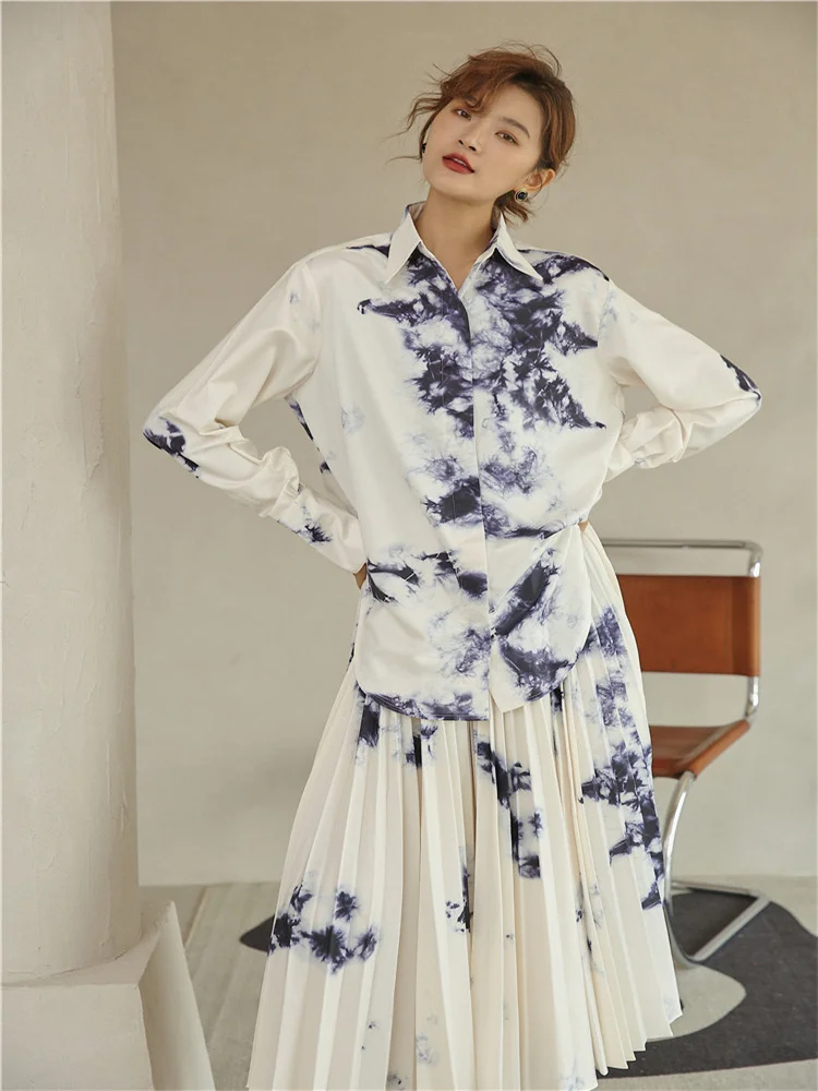 

Tie Dyed Silk Fashion Two Piece Sets Women Elegant Casual Shirt & Pleated Skirt Suits 2023 Spring New Elegant Printed OL Outfits