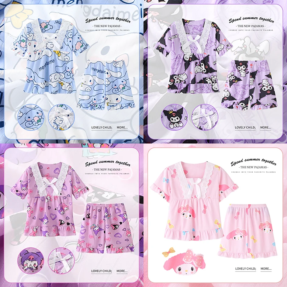 

Kawaii Sanrio детские пижамы милые аниме Kuromi Melody Cinnamoroll костюм с коротким рукавом Детские пижамы Летняя женская домашняя одежда