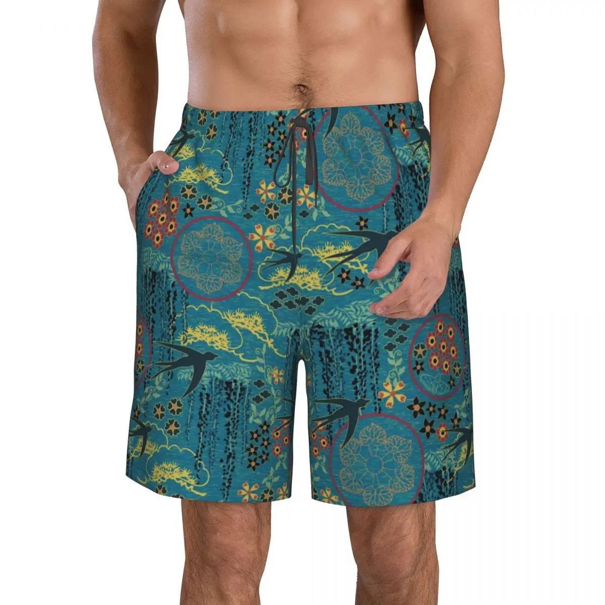 

Japanese Garden In Teal Shorts Mens Mesh Lining Swim Trunks Japan Floral Boho Board Shorts Quick Dry Swim Shorts Summer Surf