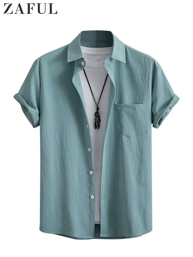 

ZAFUL Solid Short Sleeves Shirts for Men Textured Turn-down Collar Button-up Shirt Summer Streetwear Casual Tops Z5083416