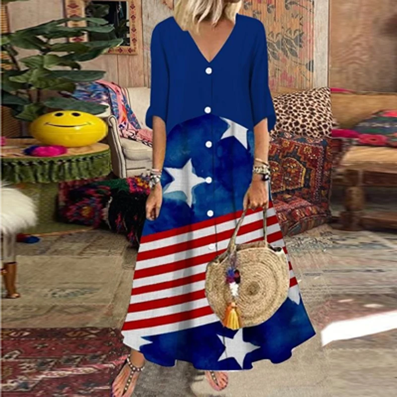 

Vintage Stars Striped Print Boho Dress Women Spring V Neck Button Long Office Dress Summer Short Sleeve Patchwork Party Dresses