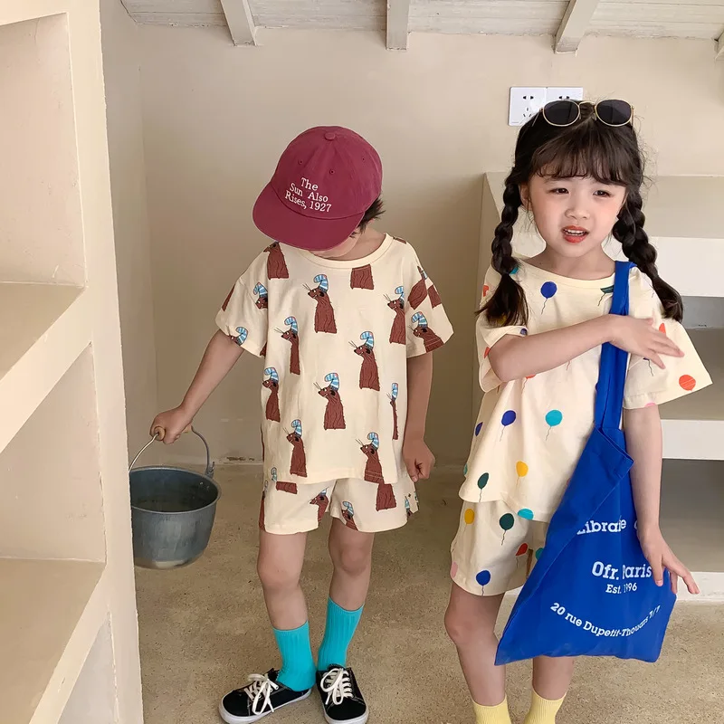 

2022 Summer New Baby Short Sleeve Clothes Set Cute Cartoon Print Children 2pcs Suit Girls T Shirt + Shorts Set Baby Boys Outfits