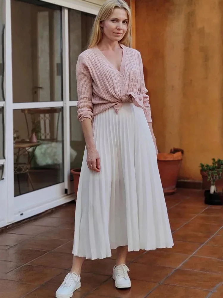 

Brand Designer Women Spring Autumn Elegant Chic Solid Pleated Skirt High Waist Luxury Fashion With Elastic Female