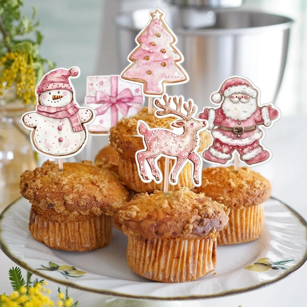 24 шт. розовая серия рождественские топперы для кексов картонный олень пингвин