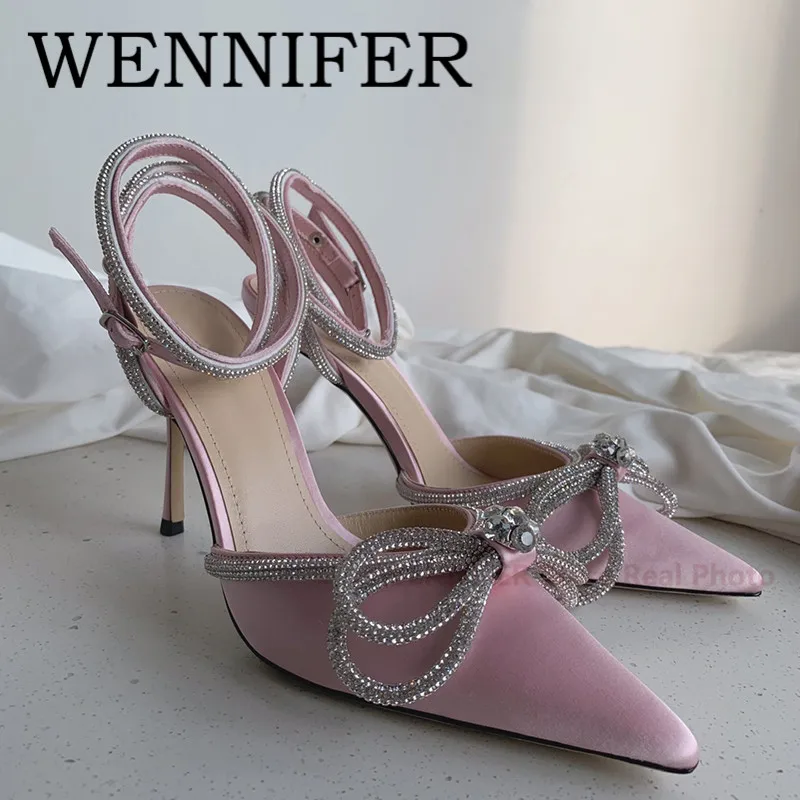 

Pink 100mm Crystal Embellished Sandals Pointed Toe Silk Bow Tie High Heel Mules Women High Stiletto Heel Ankle Strap Sandalias