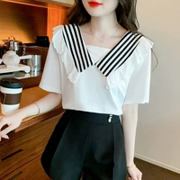summer t shirt navy collar short sleeve striped new ruffle design korean style women clothes chic top casual lovely ropa mujer