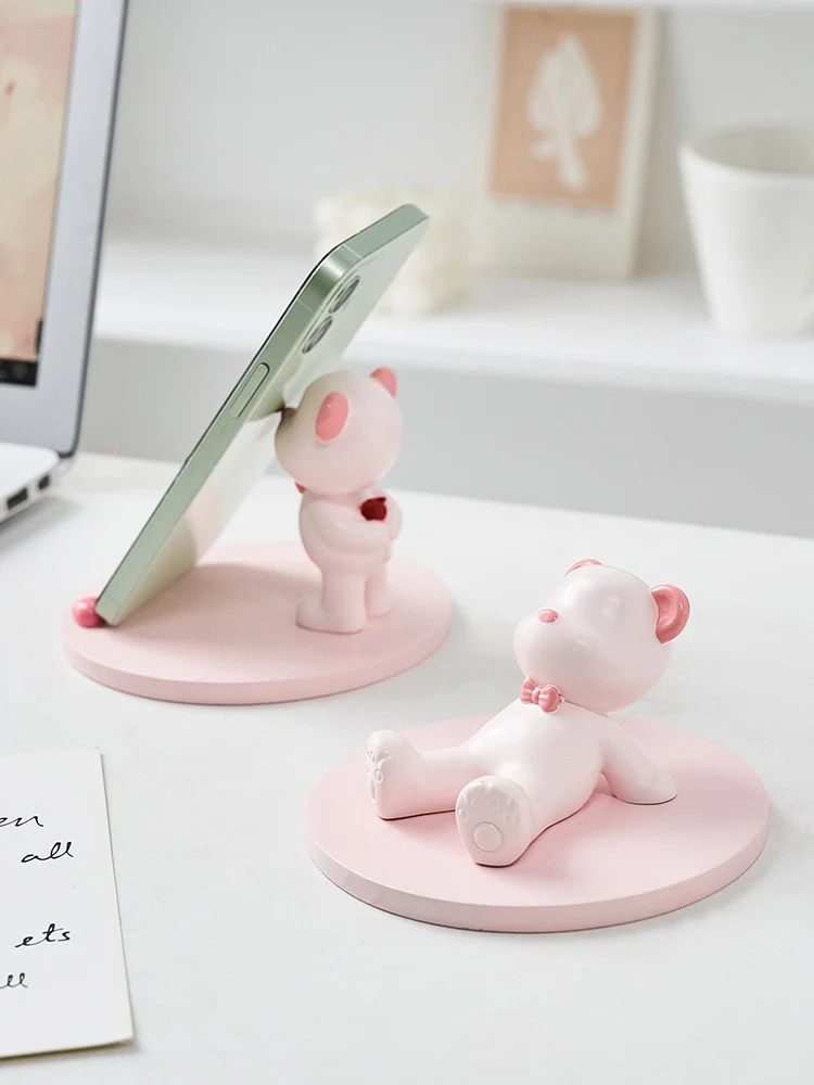 

Kawaii Desk Accessories Nordic Style Cute Little Bear Mobile Phone Stand Desktop Reading Resin Figurines Home Office Desk Decor