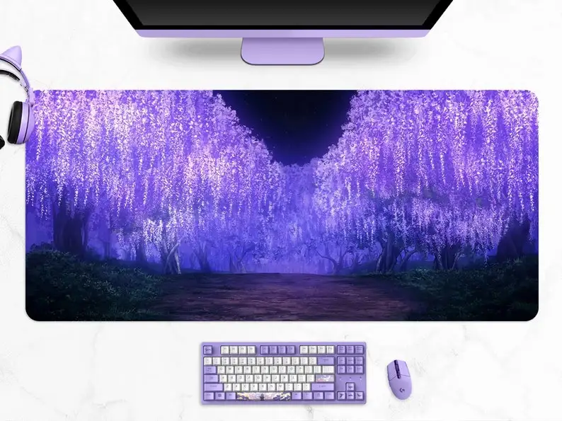 

Anime Wisteria Desk mat, Lavender mousepad, Purple/Lilac flower aesthetic, XXL extra wide gaming mouse pad, Extra large desk mat