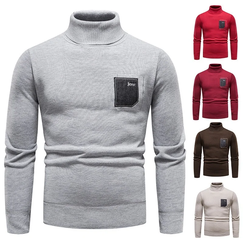 

Men Turtleneck Sweater Knit Pullover Autumn and Winter New Warm Solid Color Casual Stretch Slim Long Sleeve Sweater Men Clothing