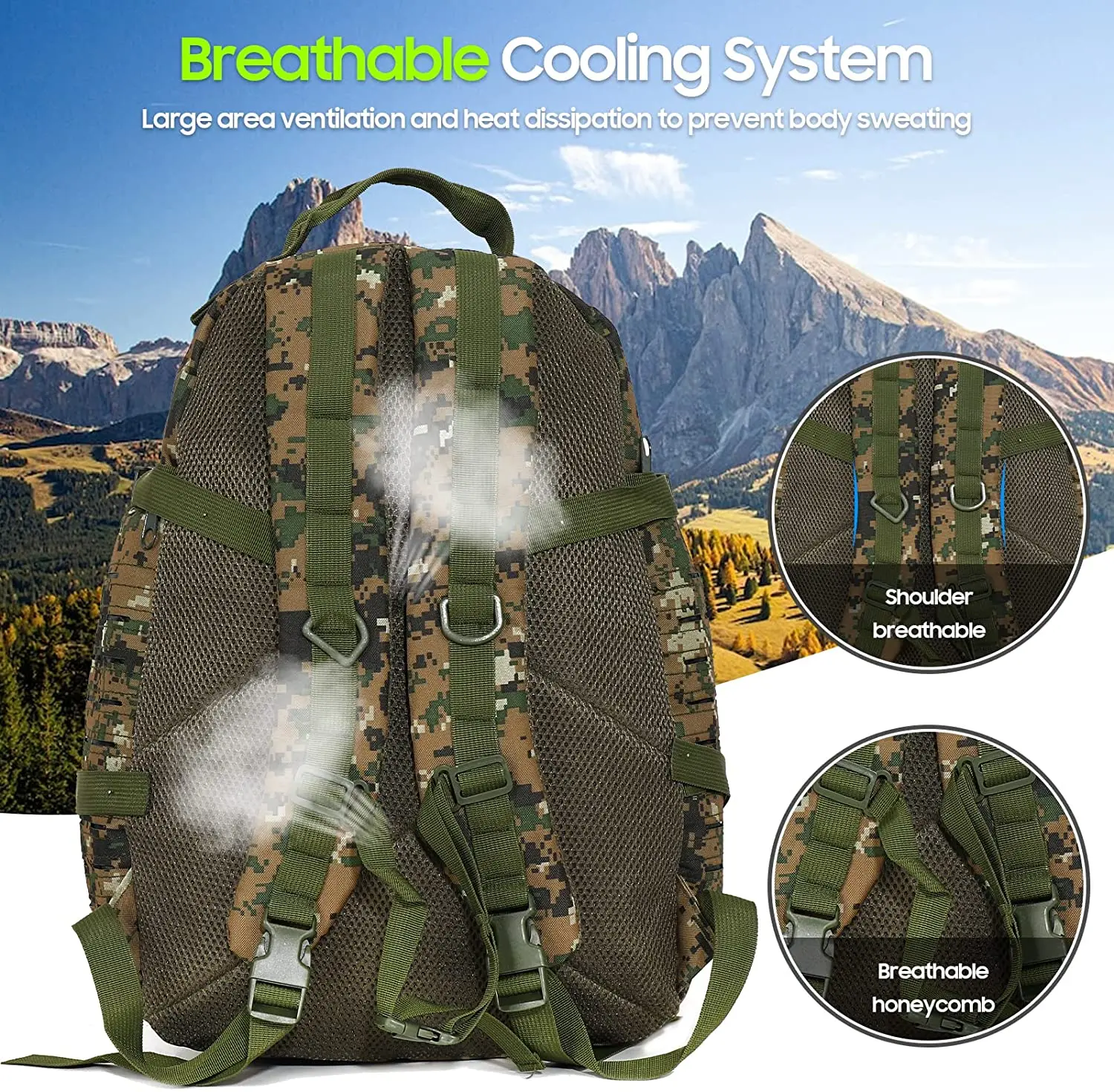 TONGJM Tactical Backpack Military MOLLE Backpack Lightweight Mountaineering Bag Unisex Hunting Camping Trekking (Jungle digital)