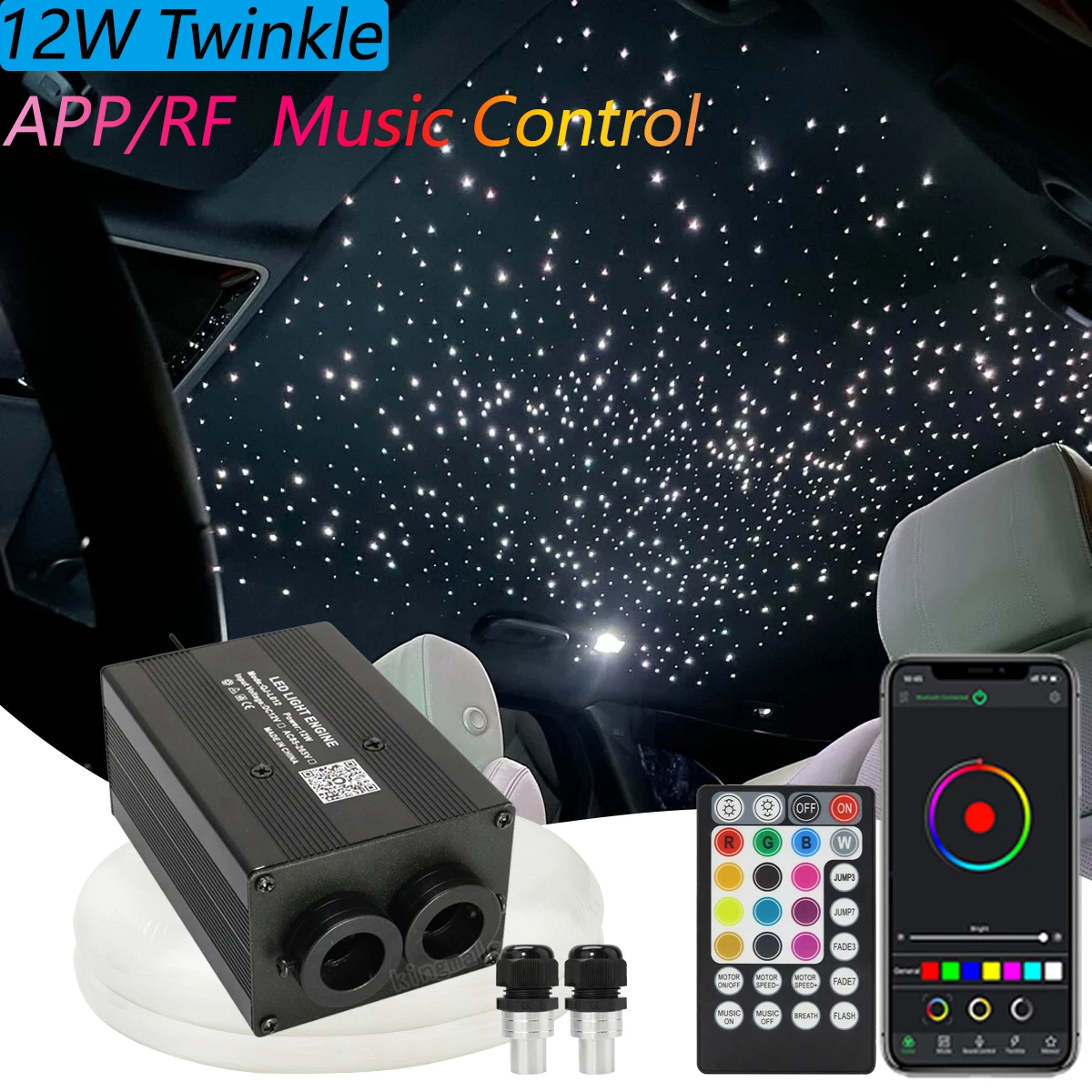 12W Twinkle RGBW Fiber Optic Star Ceiling Light Kit Music Control Car Roof Star Light Sound Active Starry Sky  Lights Smartapp