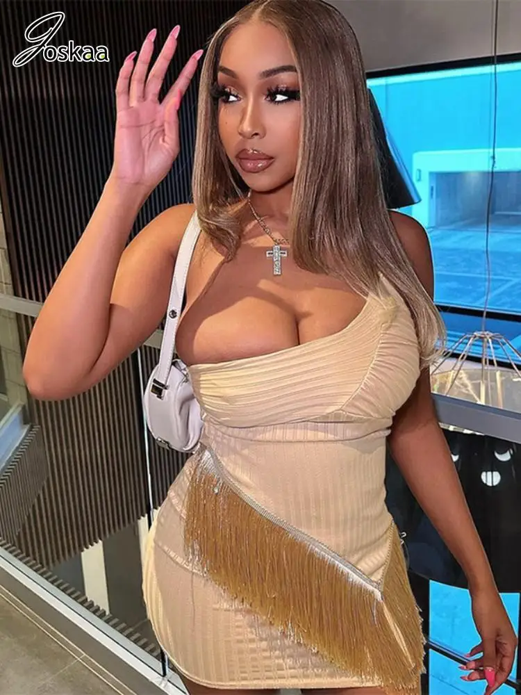 

Joskaa Ribbed Solid Two Piece Set Women Sexy Irregular Oblique Shoulder Fringes Tops and Mini Skirt Matching 2023 Streetwear