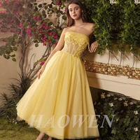 haowen princess yellow glitter tulle short prom dresses appliques lace a line tea length evening party gowns lace up back