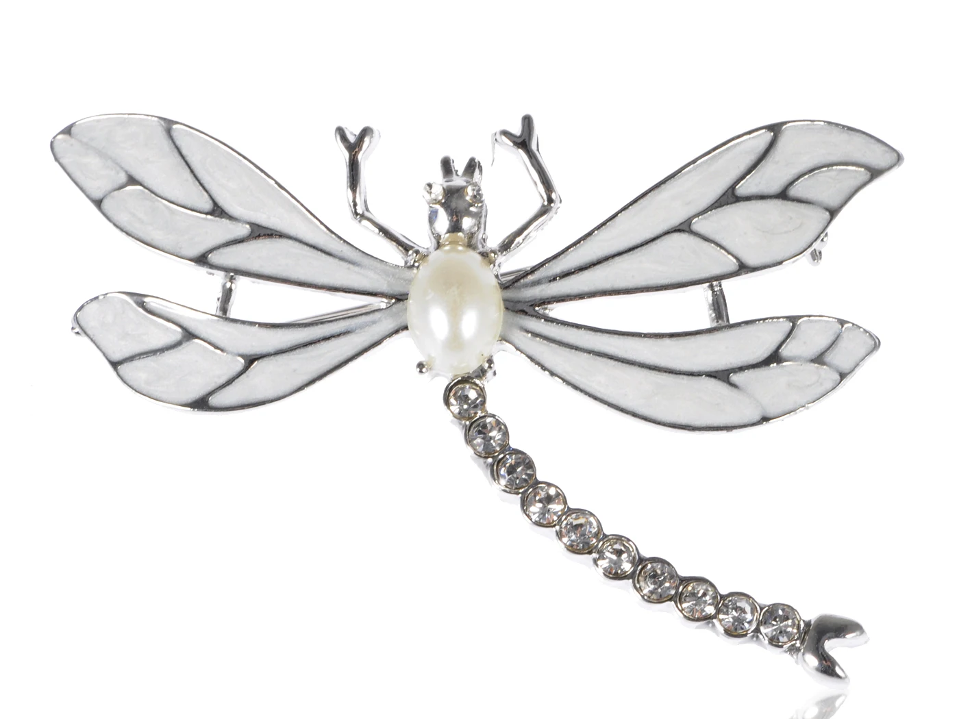 

Womens Silvery Tone Faux Pearl Clear Rhinestones White Dragonfly Brooch Pin