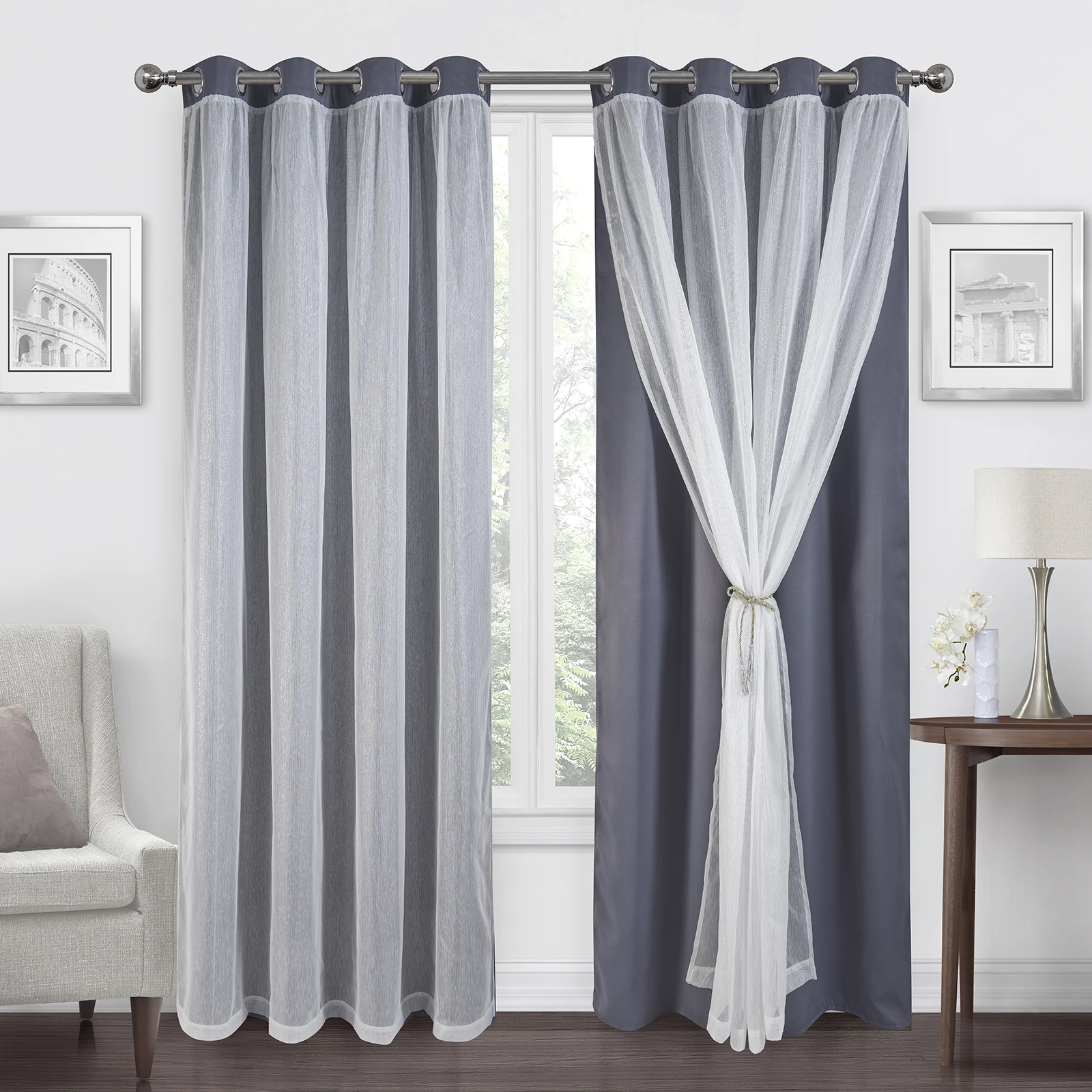 White Sheer Voile and Blackout Curtains Assembled Grommet Mix and Match Curtains for Living Room W52xH84 Inch Set of 2 Panels