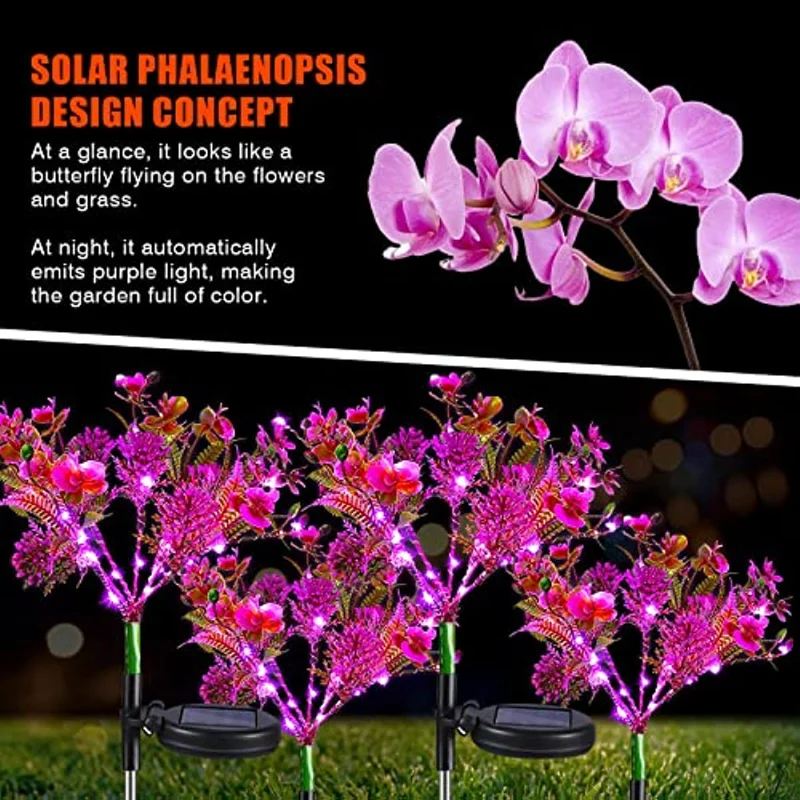 

4 Pack Solar Lights Outdoor Garden Decorative Powered Phalaenopsis Flower Lamps Design Waterproof for Garden Yard Decor