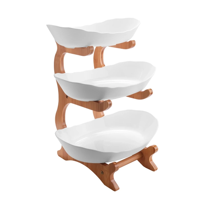 

3 Tiers Fruit Plate With Wood Holder Snacks Candy Plate Kitchen Organizer Rack Party Food Serving Display Tray