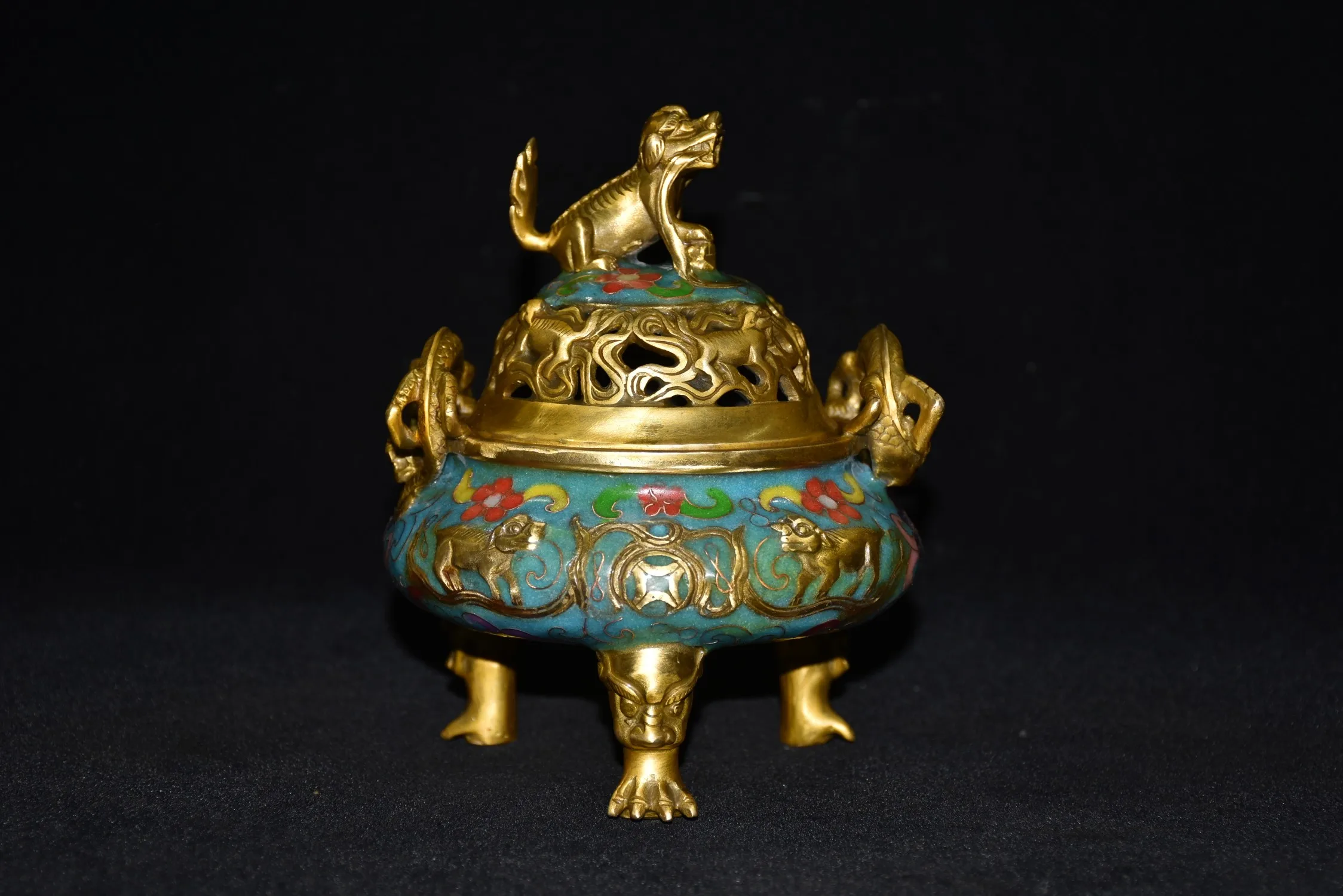 

7" Tibetan Temple Collection Old Bronze Cloisonne Gilt lion dragon binaural three-legged incense burner ornament Town House