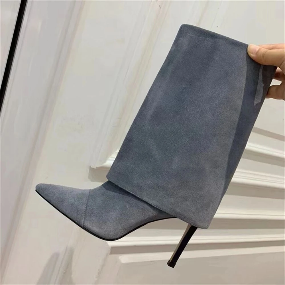 

Suede Leather Concise Designer Pointed Toe Slip On Ankle Boots Women Turned Over Short Booties Stiletto High Heel Shoes
