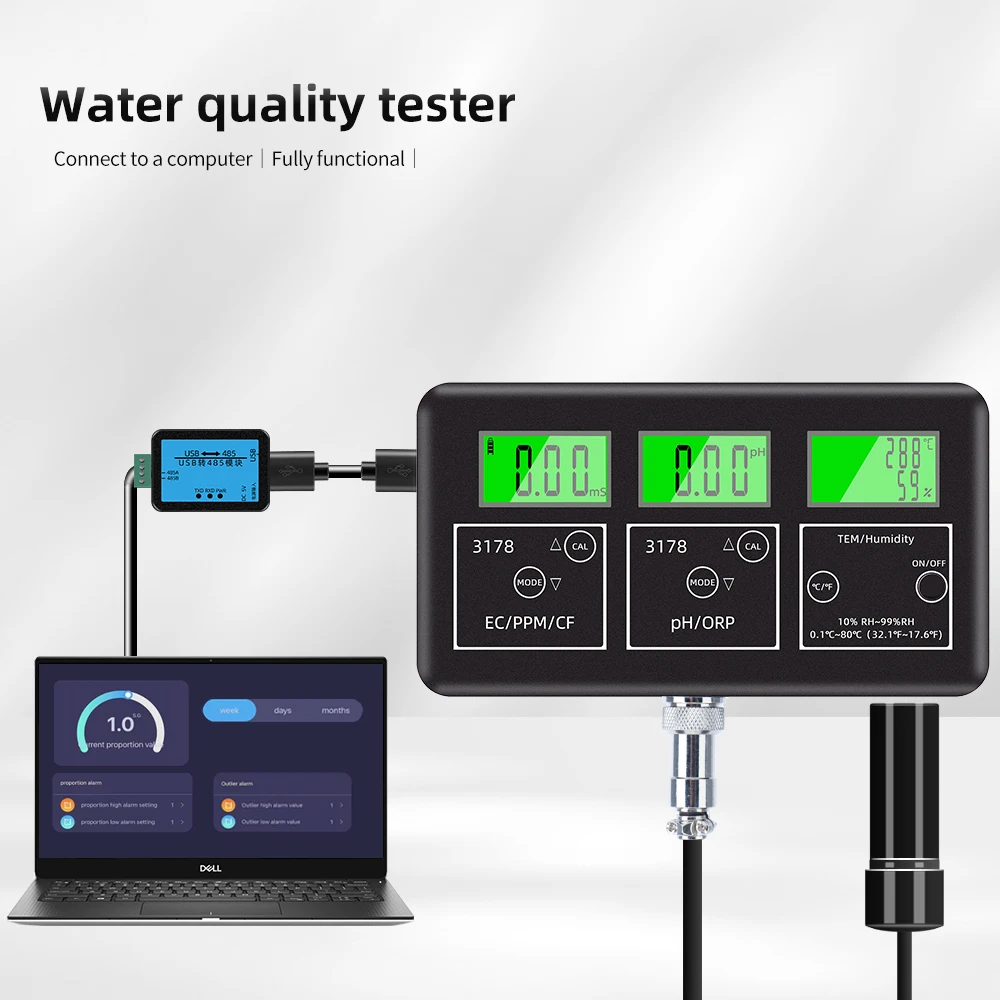 7 In 1 EU Multi-function Water Quality Monitor EC/TDS/CF/pH/ORP/Humidity/TEMP Meter With RS485 TO USB 24 Hours Online Monitoring