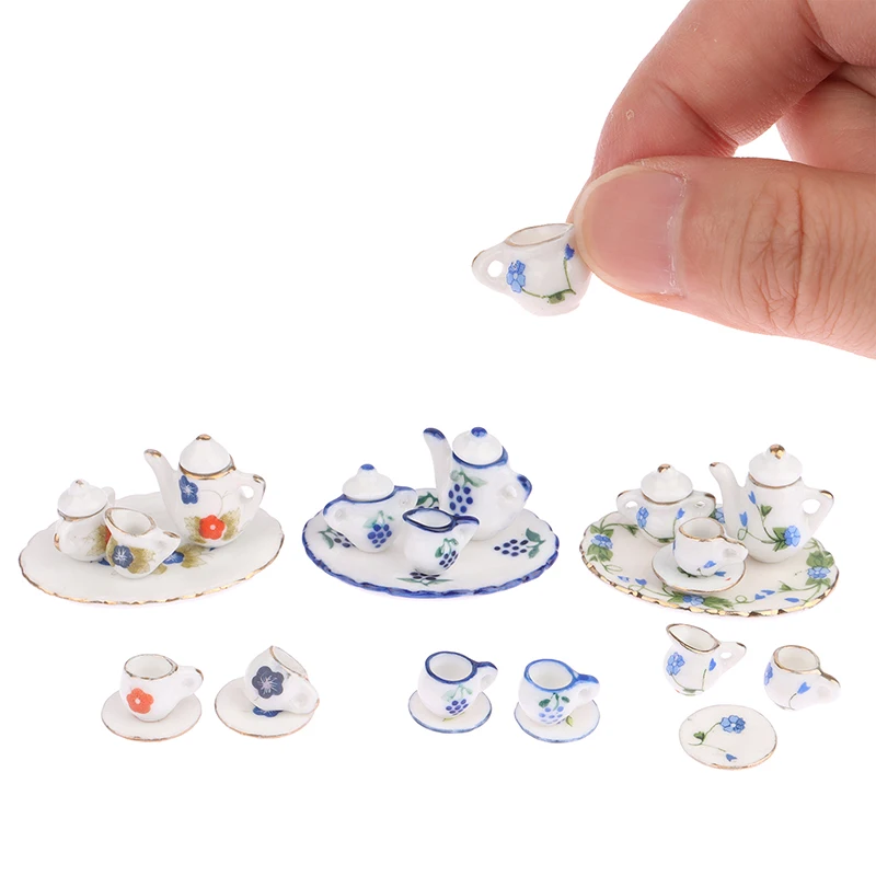 

1:12 Scale Dollhouse Mini Tableware Ceramic Tea Set Simulation Miniature Tea Cups,Saucers,Teapots Model Set DIY Dollhouse Decor