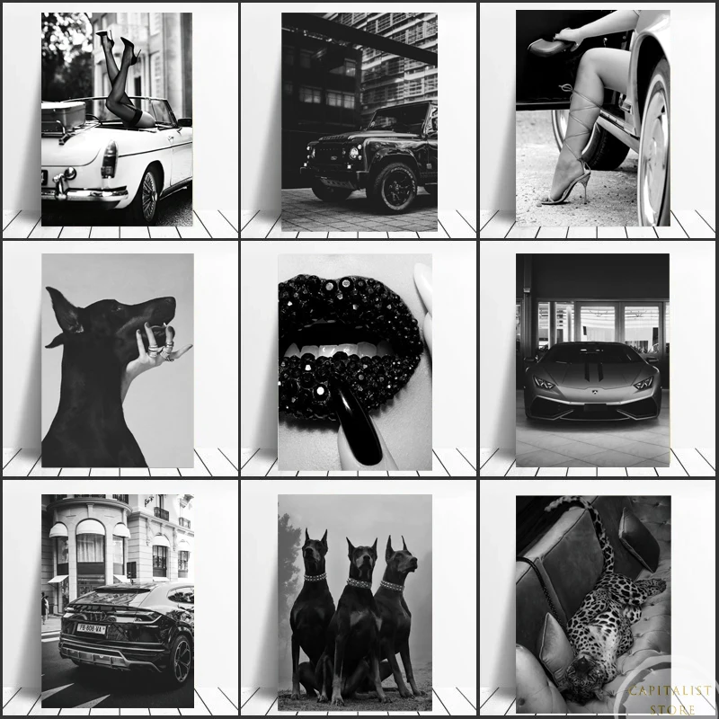 Черно-белый роскошный автомобиль губы Doberman Леопард настенная Картина на холсте