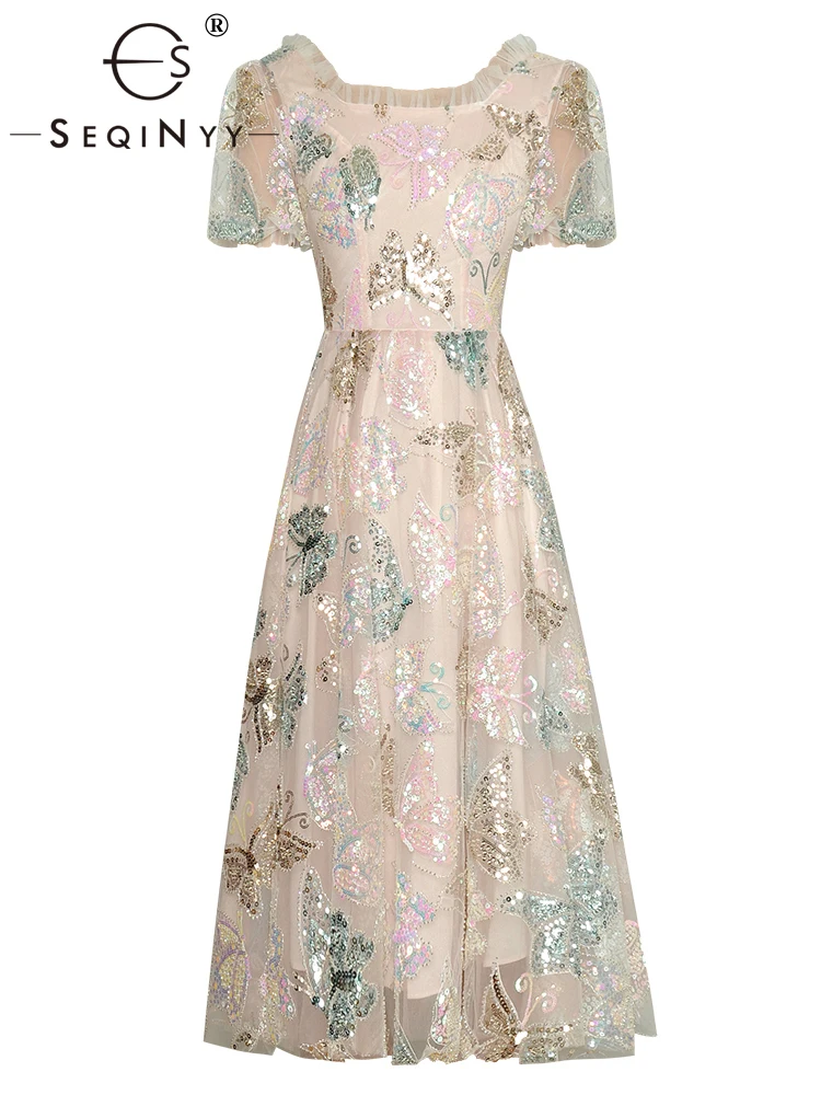 SEQINYY Summer Dresses Ladies New Fashion Design Women Runway High Street Butterfly Sequined Flowers Party Elegant A-Line