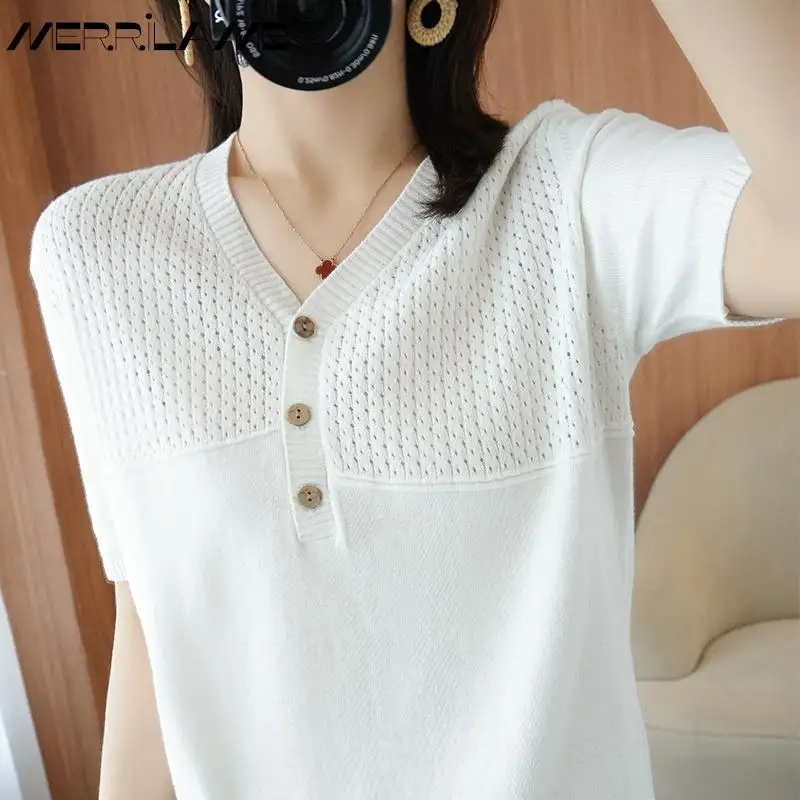 

Summer Short Sleeve T-Shirts Women's 100% Pure Cotton Knitted Pullover Tshirt Fashion Casual Hollow Out V-Neck Solid Tops Tees