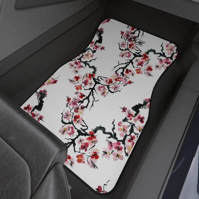 

White and Pink Sakura Cherry Blossom Car Mats (2x Front), Made in the USA