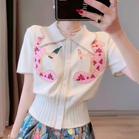 ladies short sleeve t shirt 2022 ladies knitwear thin section doll collar embroidered short sleeve summer loose top