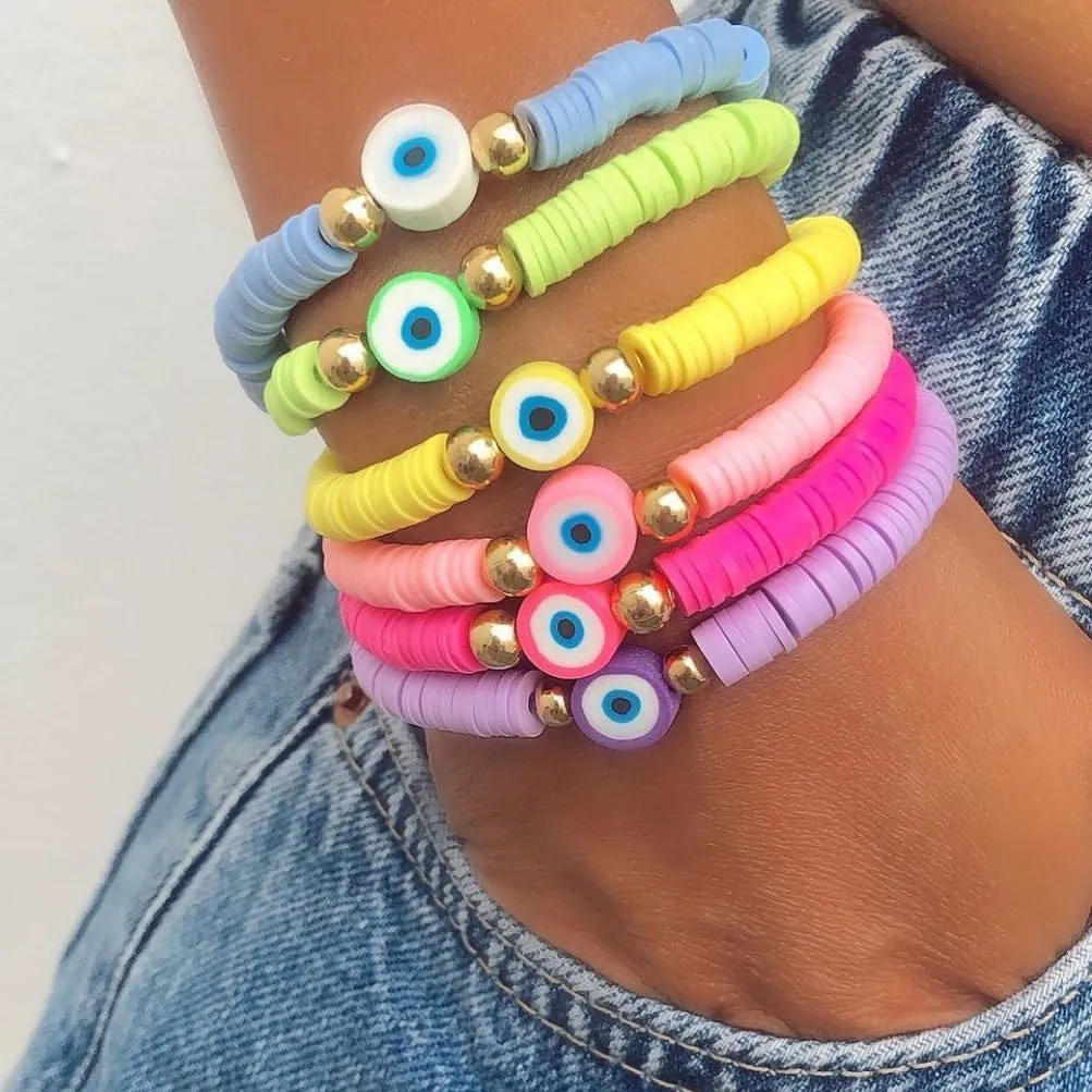 

Go2Boho 6 Pcs Multicolor Evil Eye Heishi Bracelet Set Summer Beach Jewelry Soft Polymer Clay Disc Elastic Bracelets for Women